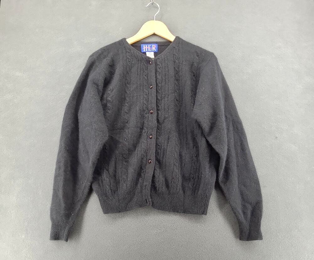 Her black fuzzy cardigan sweater bead accents button front womens medium